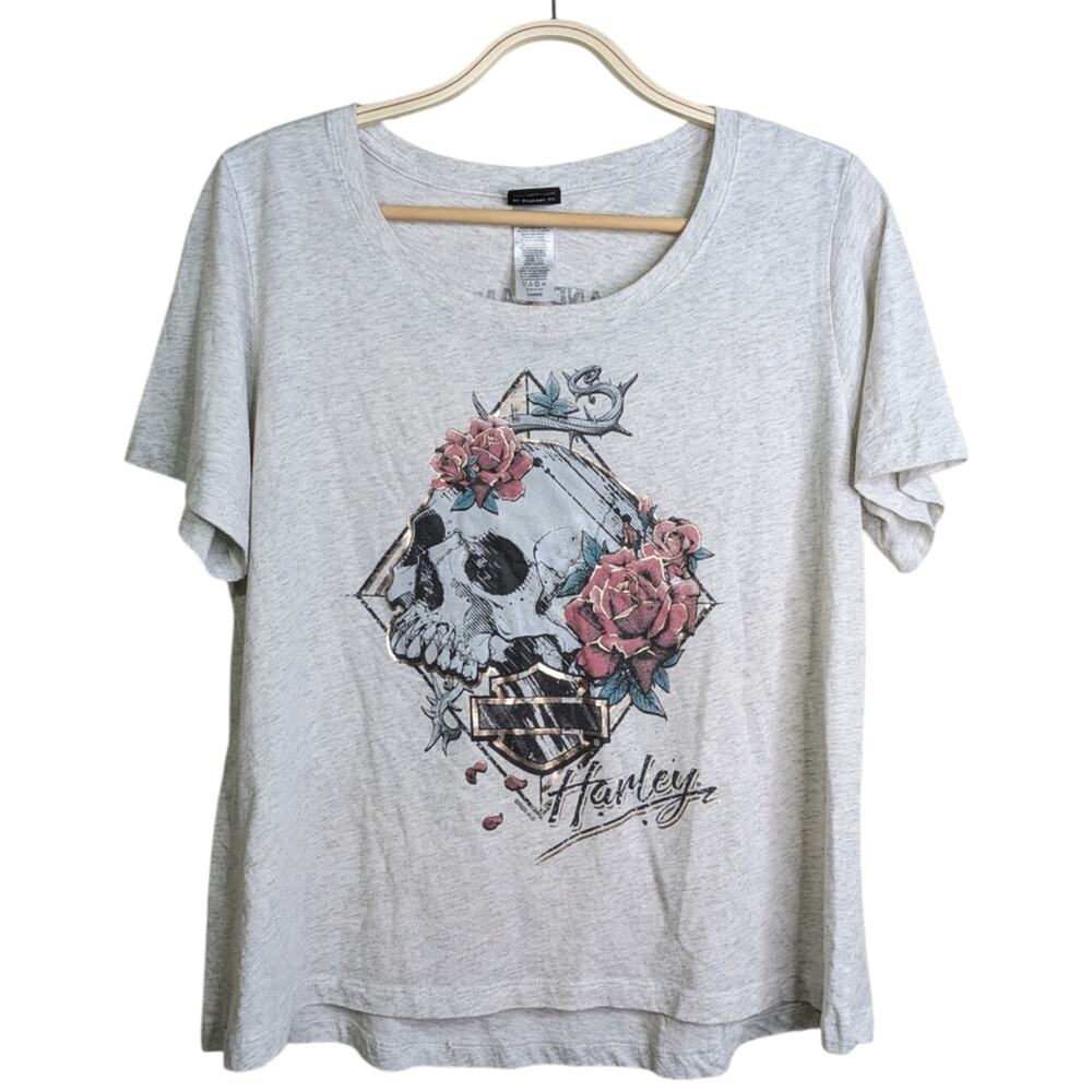 Harley Davidson Floral Skull Graphic T-Shirt Large Gray Biker Grunge Edgy